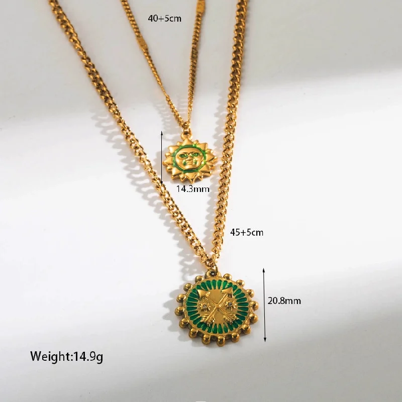 Women’s unique charm necklace-Stainless Steel 18K Gold Plated Modern Style Cool Style Sun Enamel Double Layer Necklaces