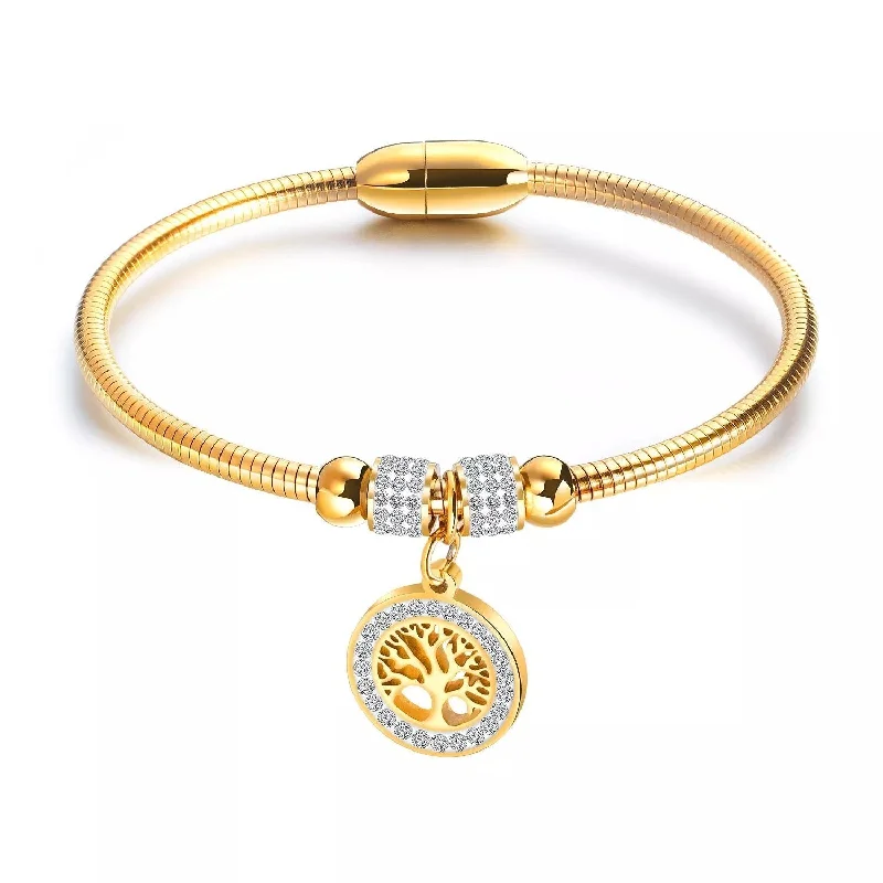 Women’s luxury diamond bracelet-Stainless Steel CZ Pave Tree Of Life Magnetic Bracelet Gold Plated