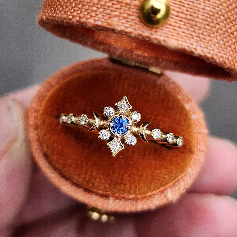 Women’s unique gemstone rings-Ready to Ship Size 6 - 8 - Cornflower Blue Sapphire Petite Triple Moon Ring with Natural Diamonds 14k Yellow Gold