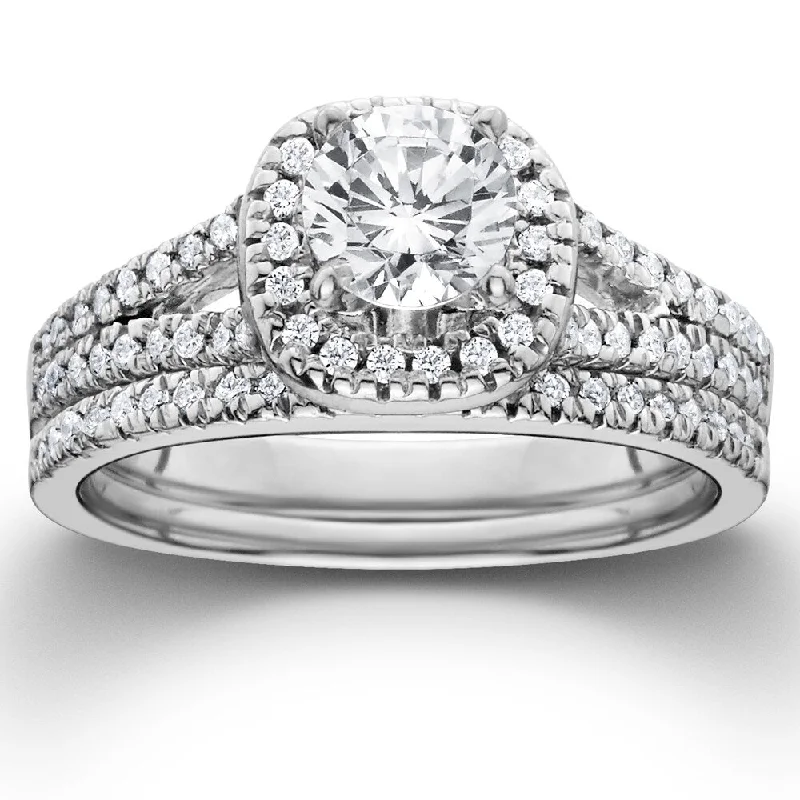 Women’s eco-friendly engagement ring-14k White Gold 1ct TDW Diamond Halo Engagement Wedding Ring Set