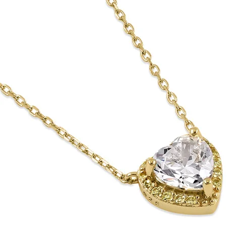 Women’s evening necklace-Sterling Silver Clear and Yellow CZ Heart Halo Gold Plated Necklace