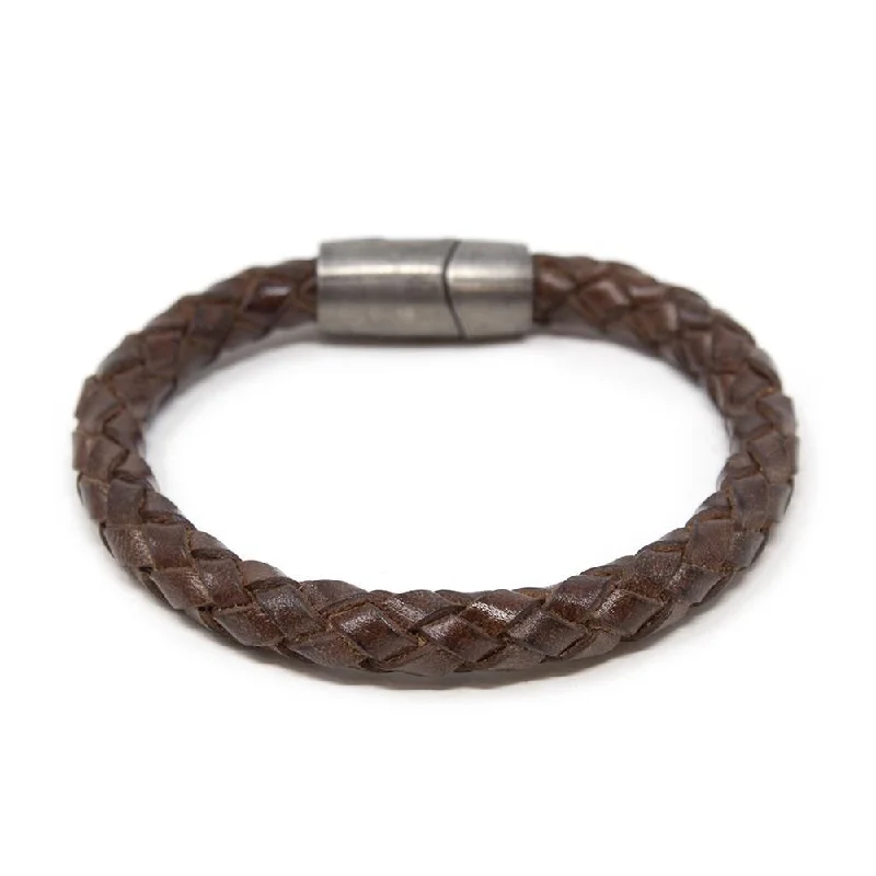 Women’s vintage-inspired bracelet-Braided Leather Bracelet with Puzzle Clasp Brown Medium