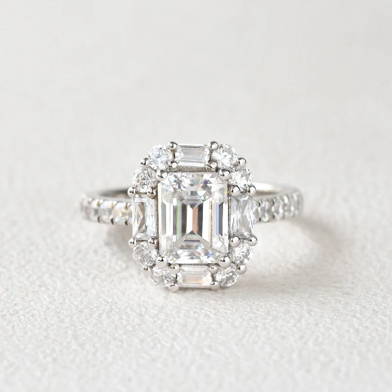 Women’s oval engagement rings-Emerald Cut Moissanite Vintage Inspired White Gold Ring