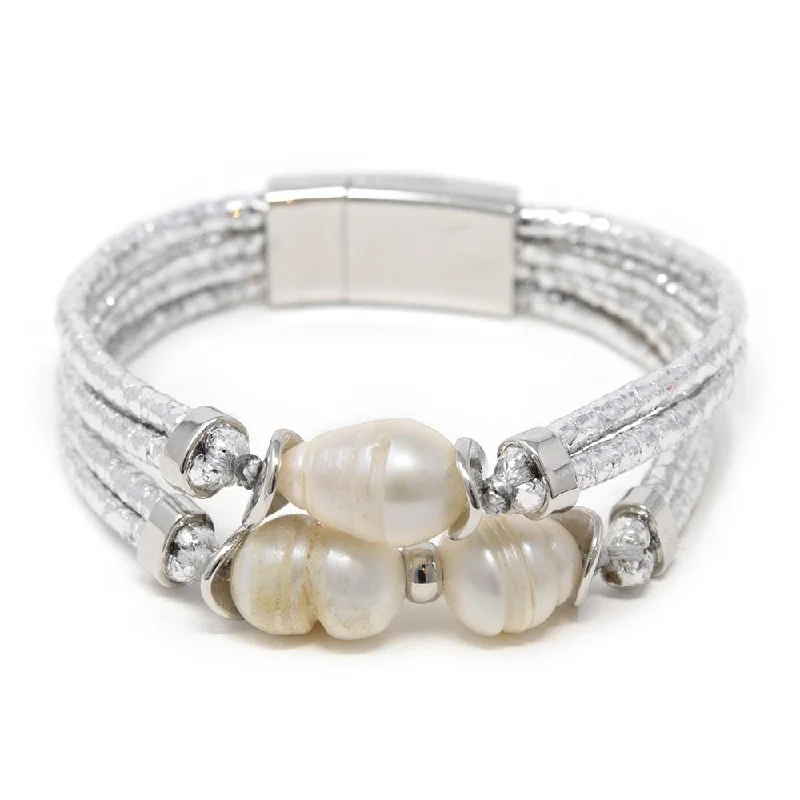 Women’s layered bracelet-Silver Leather Bracelet With Pearls Station