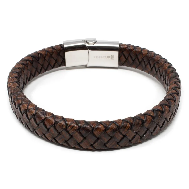 Women’s sun and moon bracelet-Stainless Steel Braided Leather Bracelet Brown