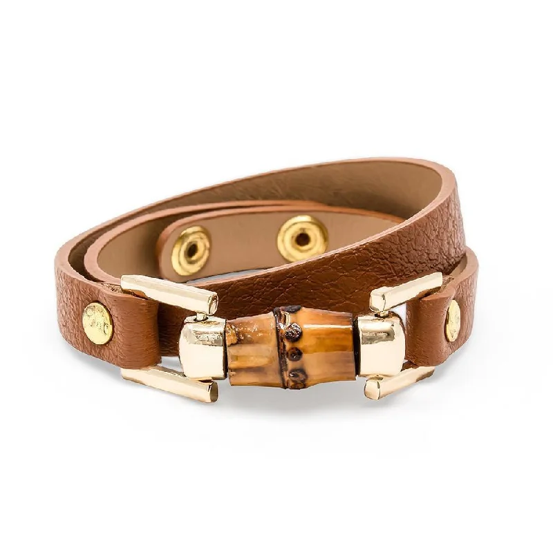 Women’s birthstone bracelet-Leather Wrap Bracelet with Bamboo L Brown