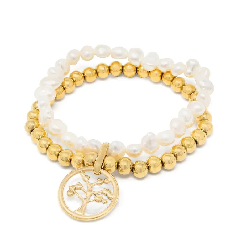 Women’s birthstone bracelet-Stainless Steel Pearl Stretch Bracelet with Tree of Life Charm Gold Plated