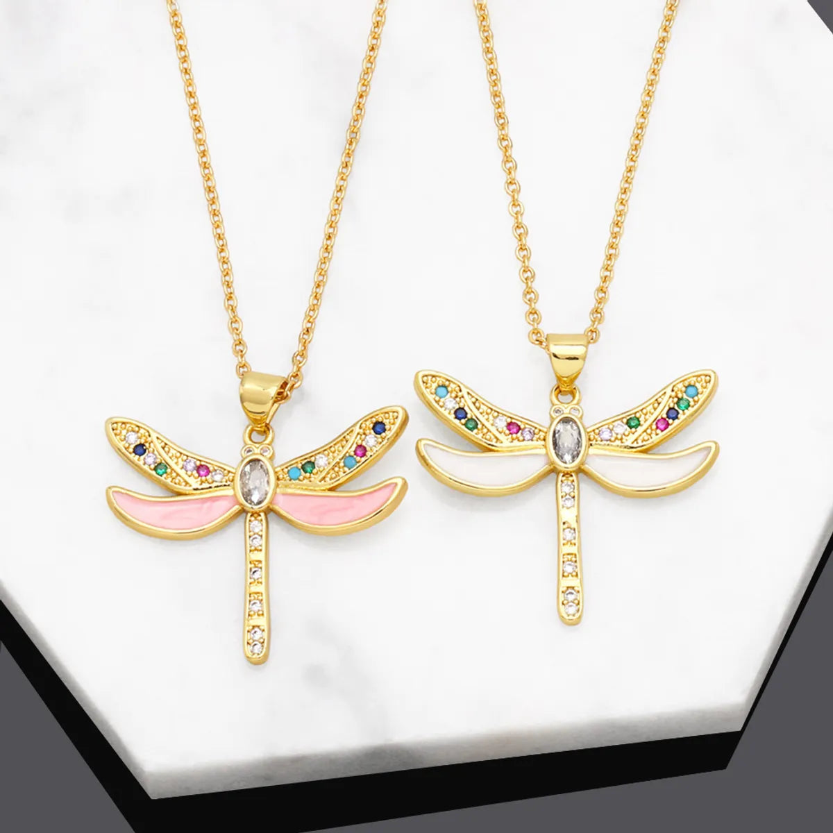 Women’s butterfly necklace-Retro Insect Dragonfly Copper Enamel Gold Plated Zircon Pendant Necklace 1 Piece