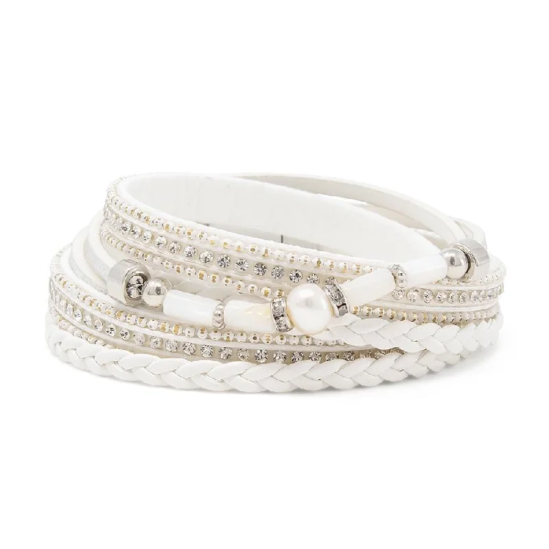 Women’s matching couple bracelet-Three Row Leather Wrap Bracelet with Pearl Station White