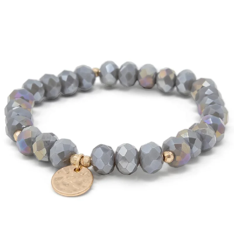 Women’s bohemian bracelet-Grey Glass Bead Bracelet with Disc Charm Gold Tone