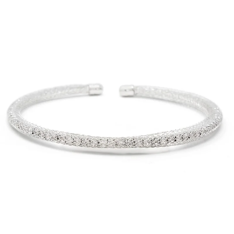 Women’s pearl bracelet-Mesh Clear Crystal Bracelet Bangle Rhodium Plated