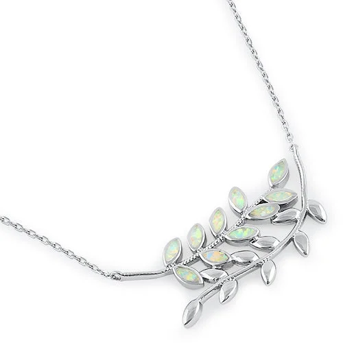 Women’s gemstone hoop necklace-Sterling Silver White Opal Trendy Leaf Necklace