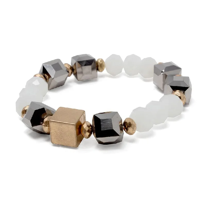 Women’s trendy layered bracelet-White Glass Beaded Stretch Bracelet with Gold Tone Cube