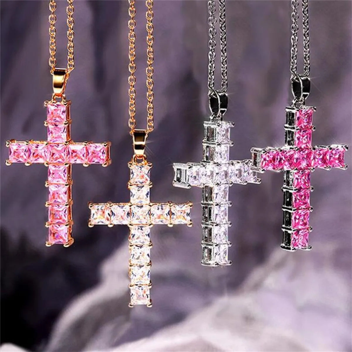 Women’s gemstone pendant necklace-Simple Style Cross Alloy Inlay Rhinestones Women's Pendant Necklace