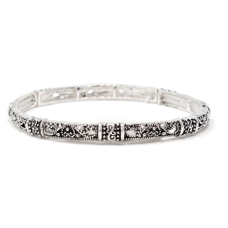 Women’s thin diamond bracelet-Vintage Antique Design Stretch Bracelet Silver Tone