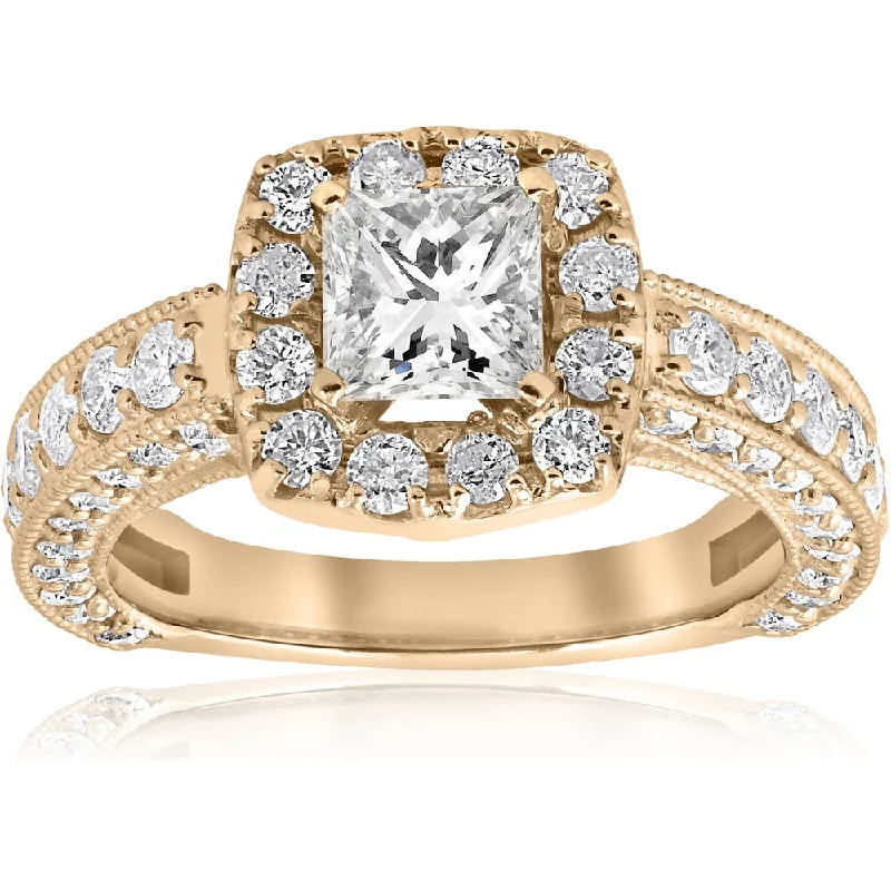 Women’s vintage-inspired diamond engagement ring-14k Yellow Gold 2 1/3ct Princess Cut Diamond Clarity Enhanced Engagement Ring Cushion Halo (I-J, I2-I3) - White