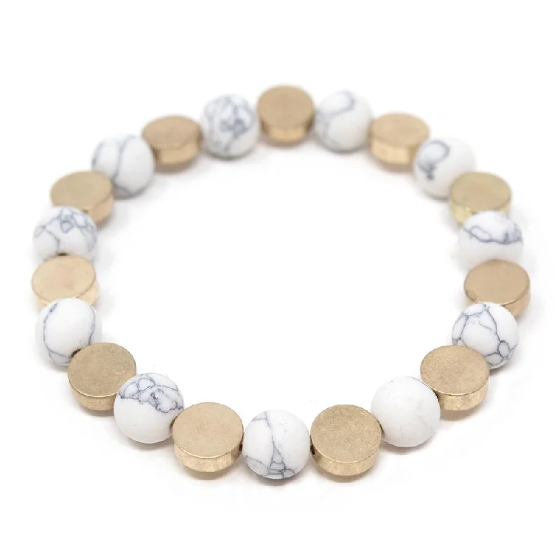 Women’s dainty bracelet-Stretch Bracelet Semi Precious Bead Gold Disc White