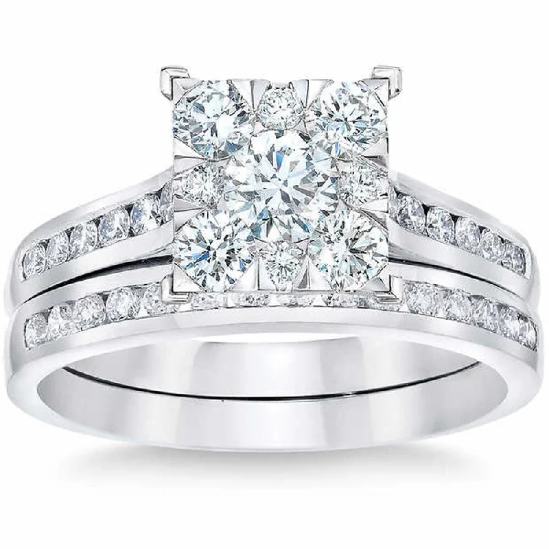 Women’s wedding and engagement ring set-Pompeii3 10k White Gold 2 CT Diamond Engagement Wedding Ring Set Princess Cut Square Framed