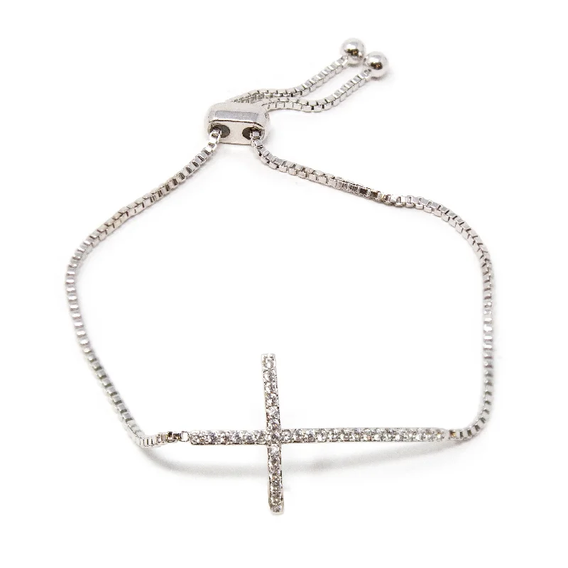 Women’s silver bracelet-CZ Sideways Cross Slider Tennis Bracelet Silver Tone