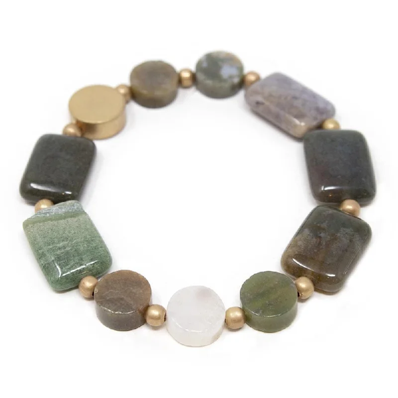 Women’s multi-layer bracelet-Semi Precious Stone Stretch Bracelet with Gold Disc Green