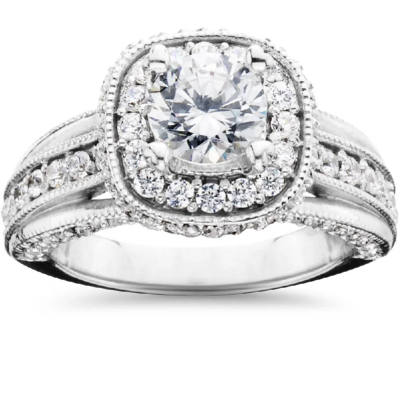 Women’s classic three-stone engagement ring-14k White Gold 1 1/4ct TDW Cushion Halo Round Diamond Engagement Ring