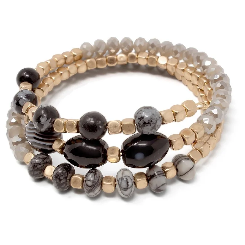 Women’s white gold bracelet-Black Glass Bead Wrap Bracelet with Oval Stone Gold Tone