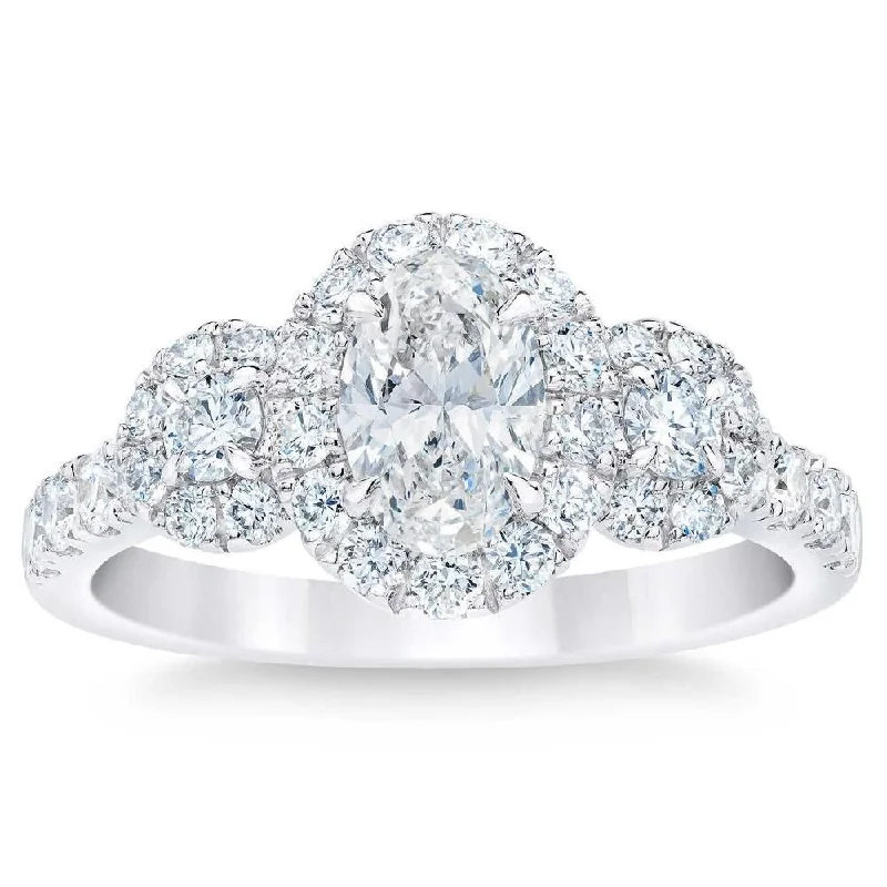 Women’s classic gold engagement ring-VS 1 1/3Ct Oval Halo 3-Stone Diamond Engagement Ring in 10k White Gold Lab Grown