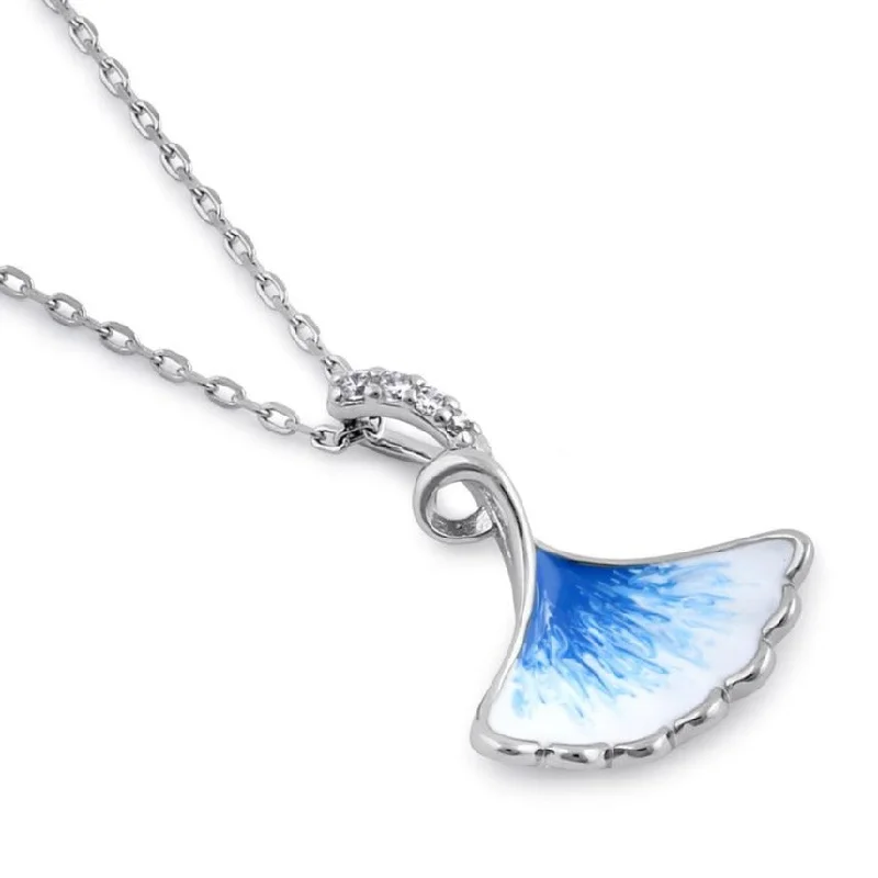 Women’s necklace with diamonds-Sterling Silver Blue and White Enamel Shell CZ Necklace