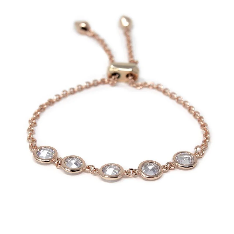 Women’s crystal bangle bracelet-Round CZ Chain Slide Bracelet Rose Gold Plated