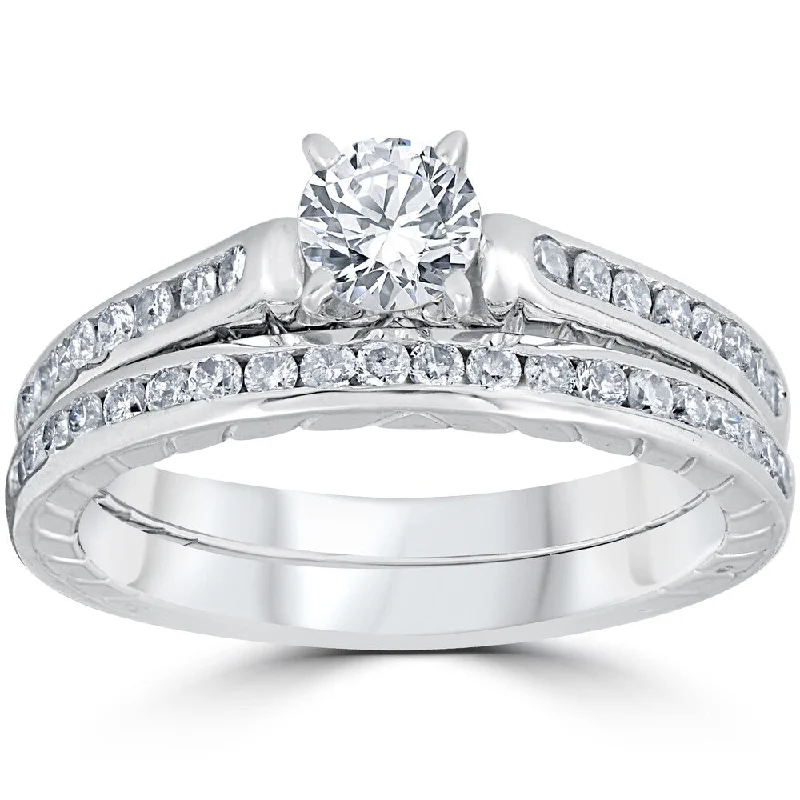 Women’s halo engagement ring with diamonds-14K White Gold 1 ct TDW Vintage Diamond Engagement Wedding Ring Set