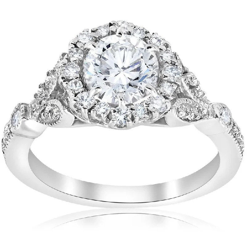 Women’s luxury engagement ring-14k White Gold 1 3/8 ct TDW Diamond Clarity Enhanced Vintage Halo Engagement Ring