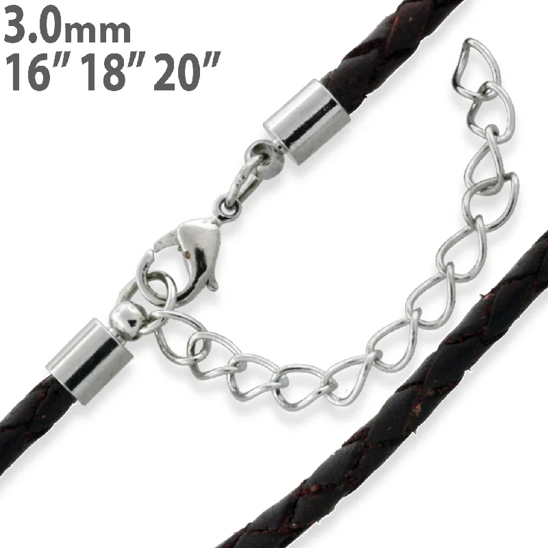 Women’s elegant necklace-3.0mm Brown Braided Leather Cord w/ Adjustable Clasp