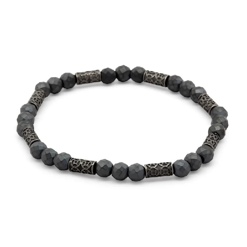 Women’s beaded bracelet-Men's Grey Hematite Bracelet with Antique Desing Stations