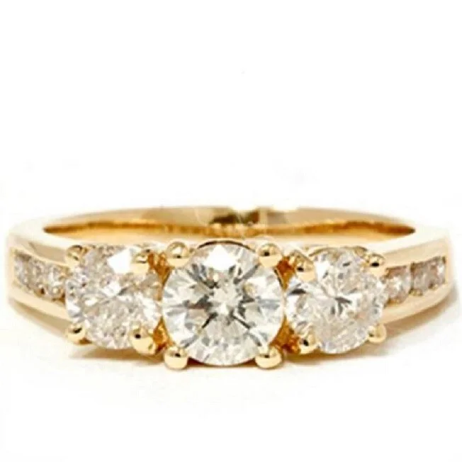 Women’s classic engagement ring-2ct Diamond Three Stone Engagement Ring 14K Yellow Gold Channel Set Round Cut