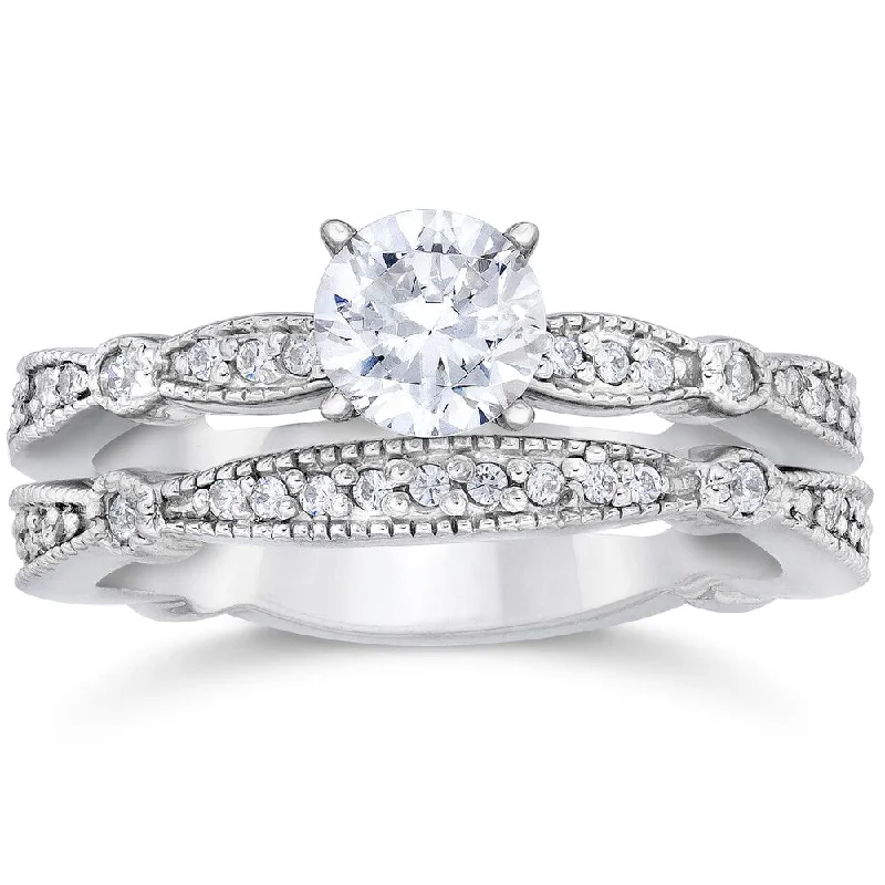 Women’s diamond halo engagement ring-14k White Gold 7/8ct TDW Diamond Vintage Engagement Wedding Ring