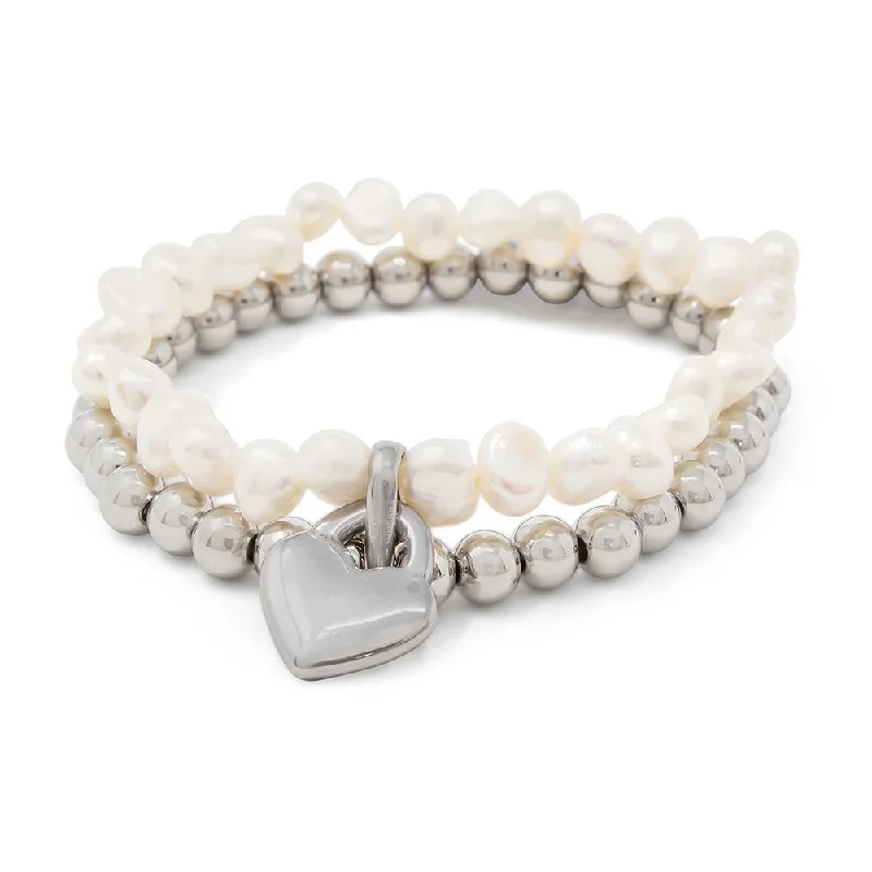 Women’s minimalist bracelet-Stainless Steel Pearl Stretch Bracelet with Heart Charm