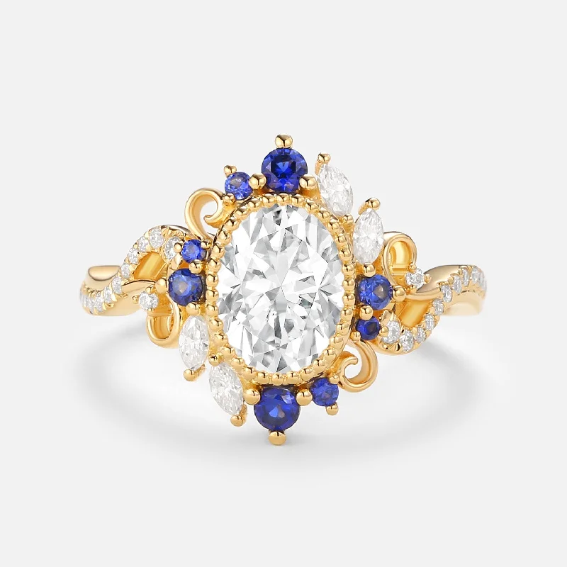 Women’s vintage engagement rings-Oval Moissanite & Sapphire Twist Vintage Halo Ring