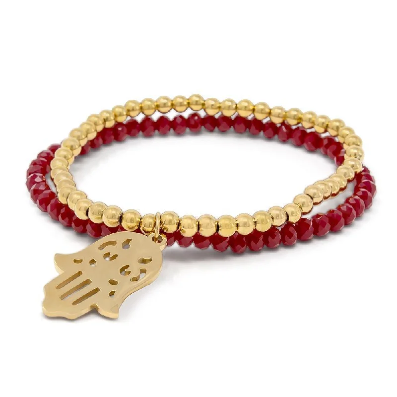 Women’s wedding bracelet-Stainless Steel Hamsa Hand in Red Glass Bead Bracelet Gold Plated