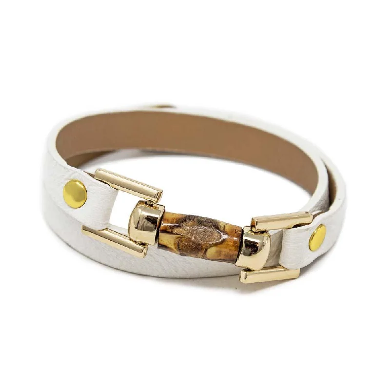 Women’s modern bracelet-Leather Wrap Bracelet with Bamboo White