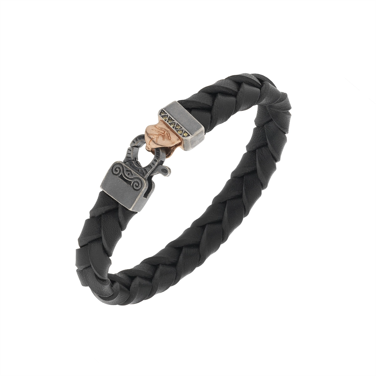 Women’s faith bracelet-Marco Dal Maso Lash Wide 18K Rose Gold Plated and Black Leather Bracelet with Yellow Sapphires