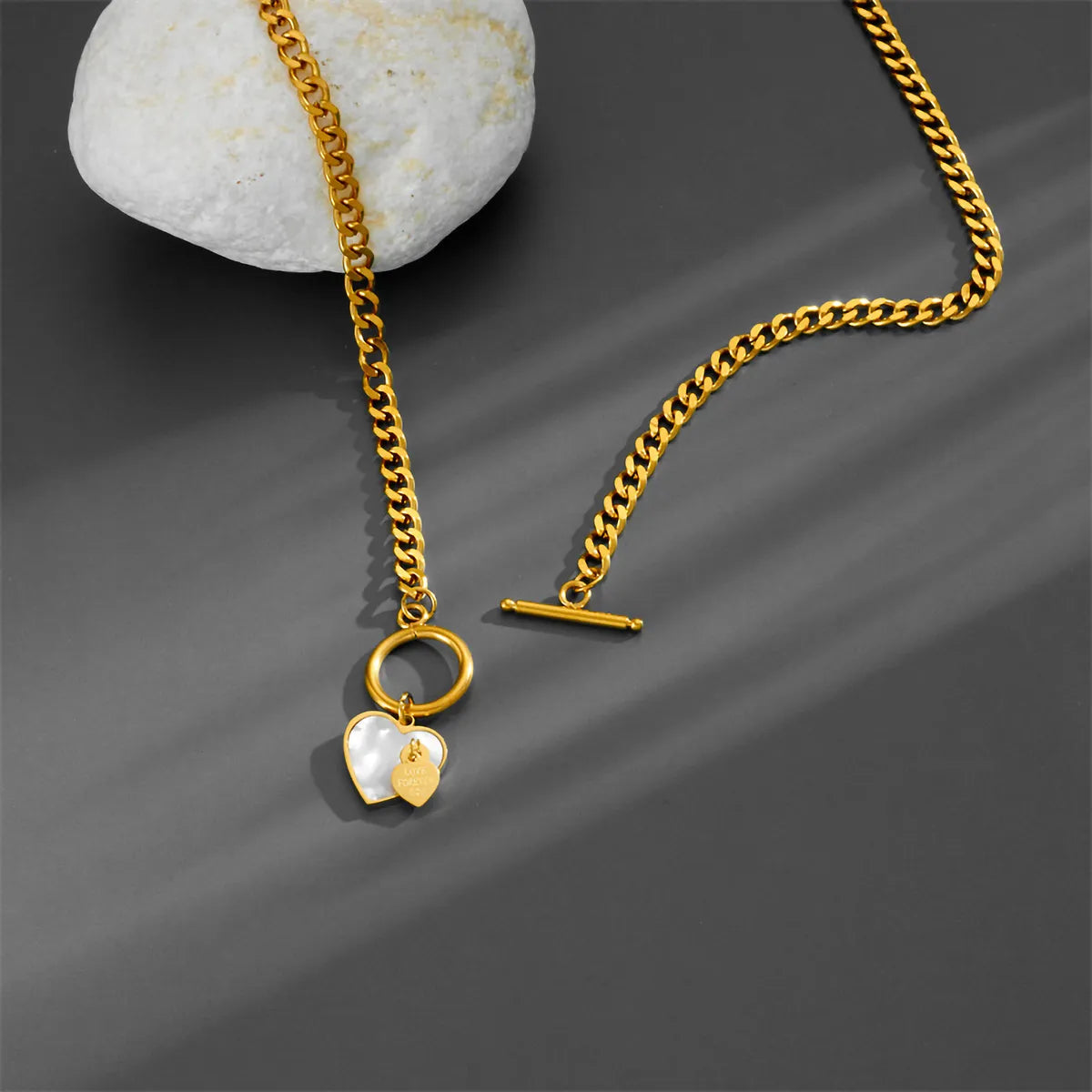 Women’s handmade necklace-Hip-hop Punk Heart Shape Titanium Steel Plating Inlay Shell 18k Gold Plated Pendant Necklace