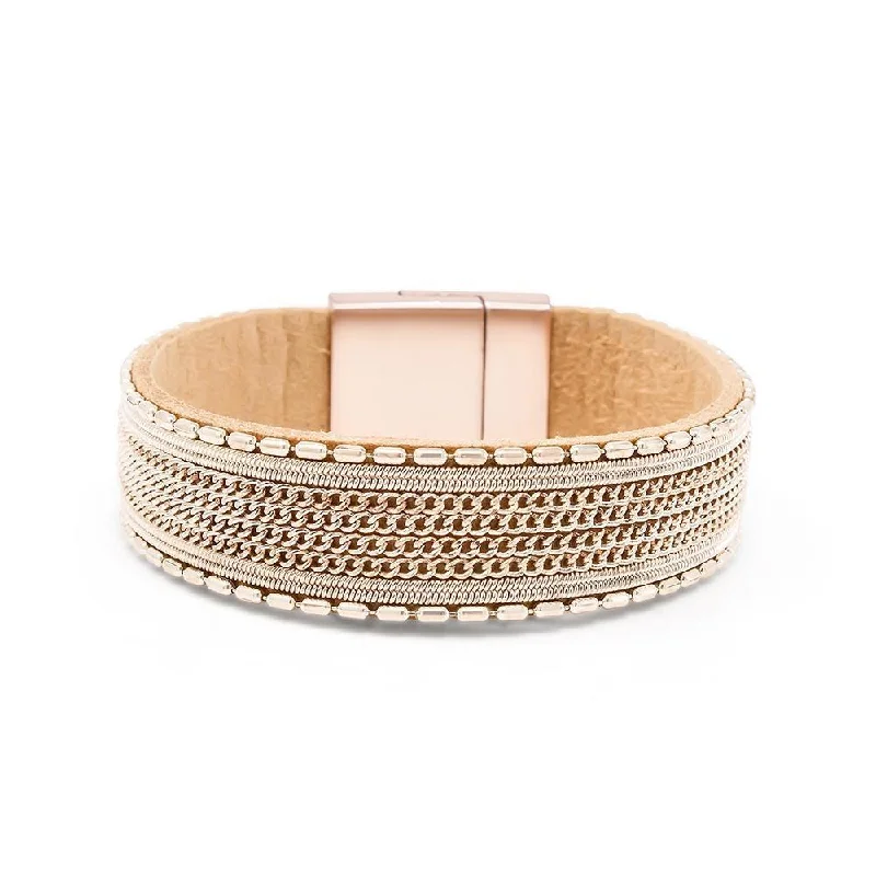 Women’s high-end bracelet-Leather Bracelet with Bar Chain Rose Gold Tone