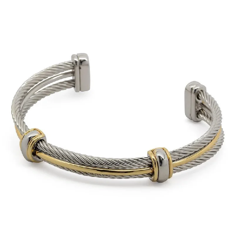 Women’s sun and moon bracelet-Three Row Two Tone Bangle Bracelet with Two Barrels