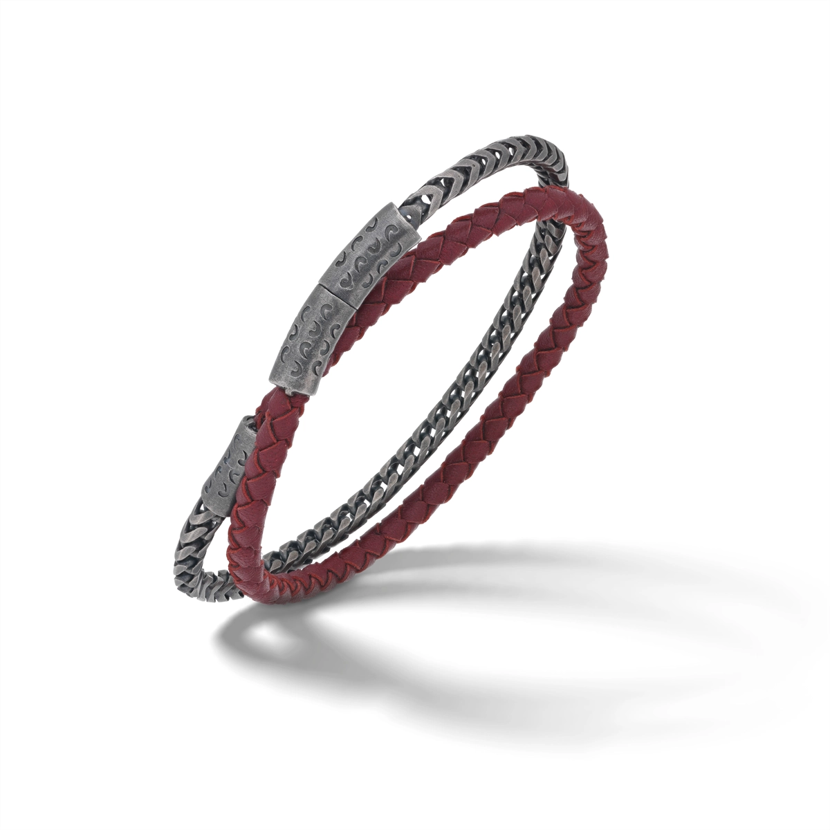 Women’s stylish wrist bracelet-Marco Dal Maso Lash Double Wrap Metal-Leather Woven Bracelet Oxidized Silver Red Woven Leather