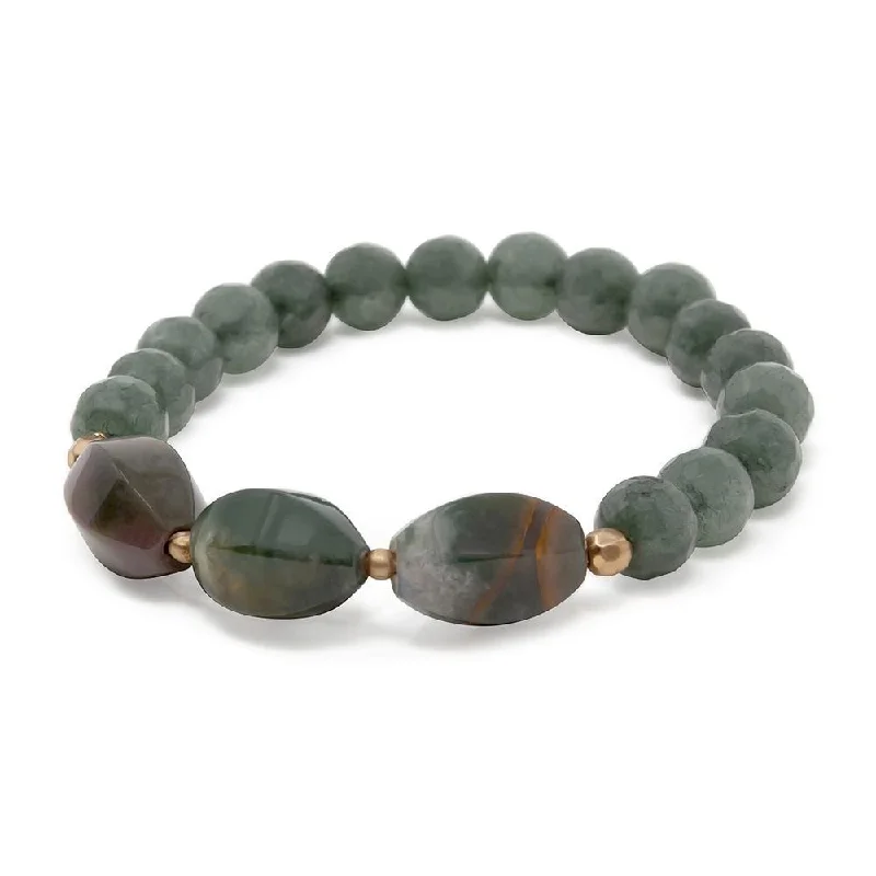 Women’s thin diamond bracelet-Green Stone Beaded Stretch Bracelet with Three Oval Stone