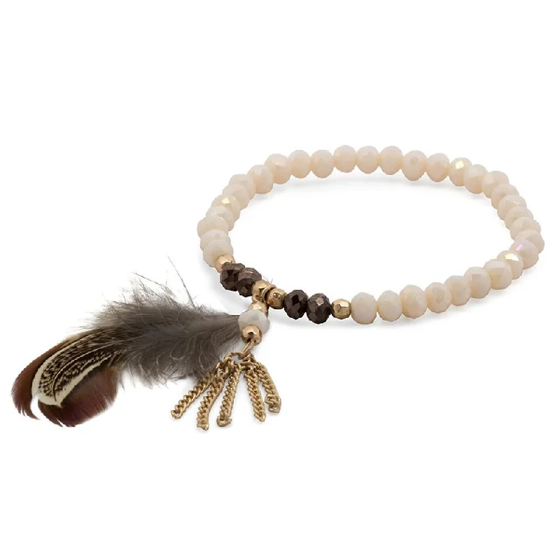 Women’s modern bracelet-Cream Glass Bead Bracelet Feather Pendant Gold Tone