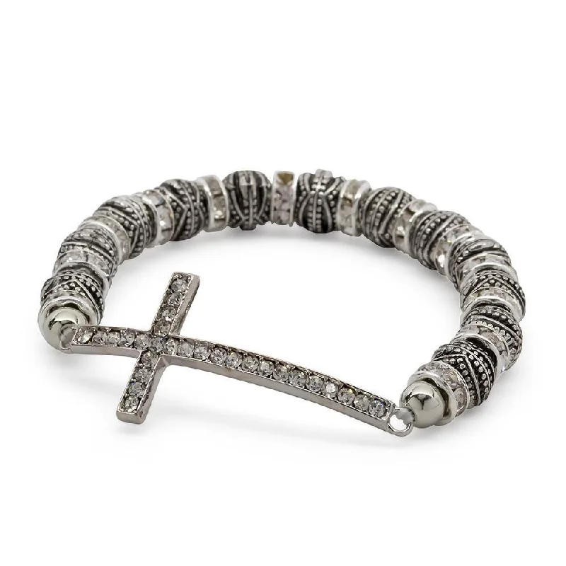 Women’s tennis bracelet-Stretch Bracelet Cross Silver Tone