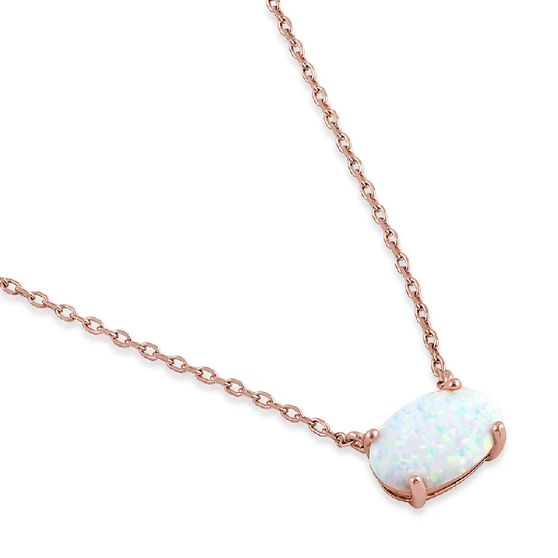 Women’s choker necklace-Sterling Silver Rose Gold Plated Oval White Lab Opal Necklace