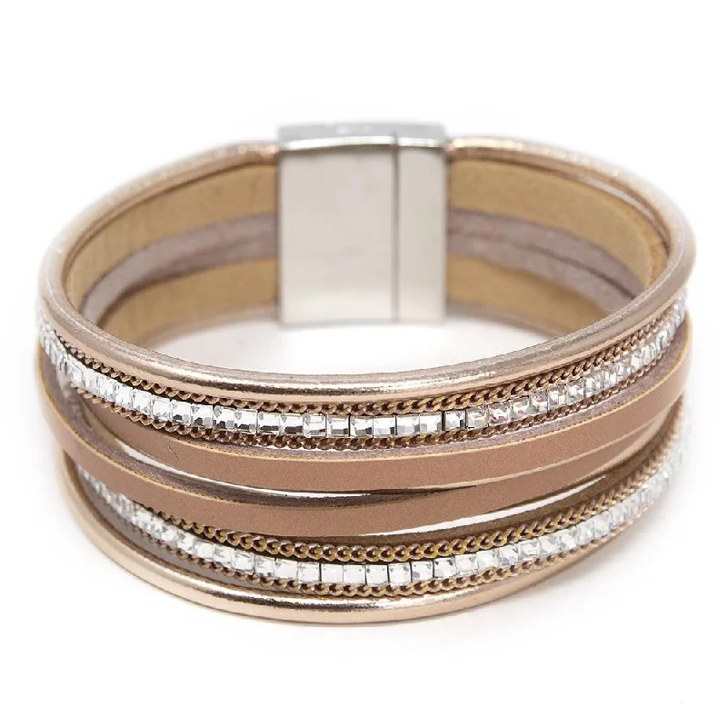 Women’s leather wrap bracelet-Eight Row Leather Bracelet with Crystal Rose Gold