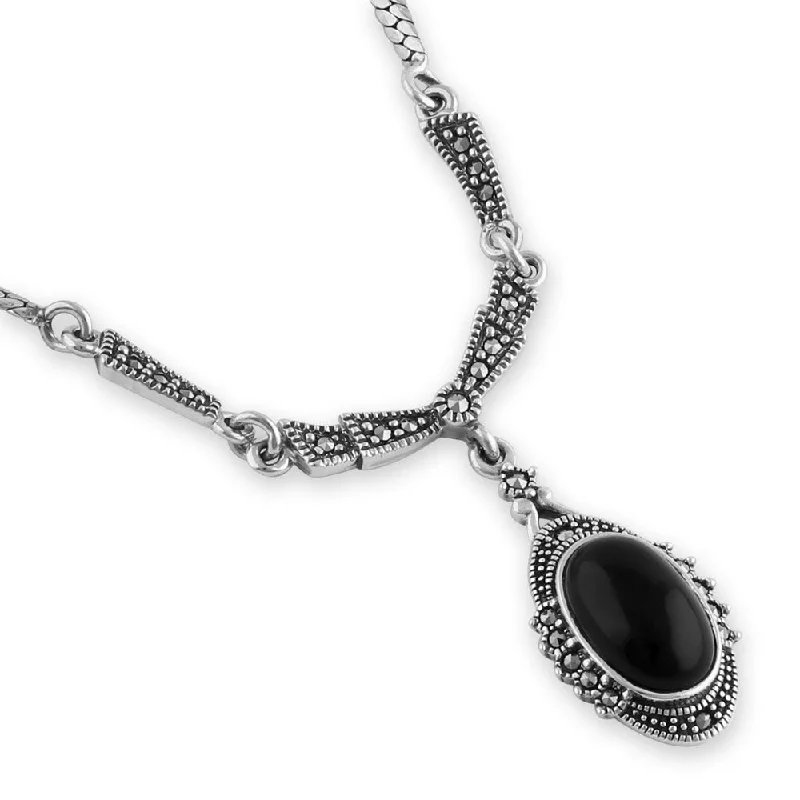 Women’s pendant necklace-Sterling Silver Victorian Black Onyx Oval Halo Marcasite Necklace